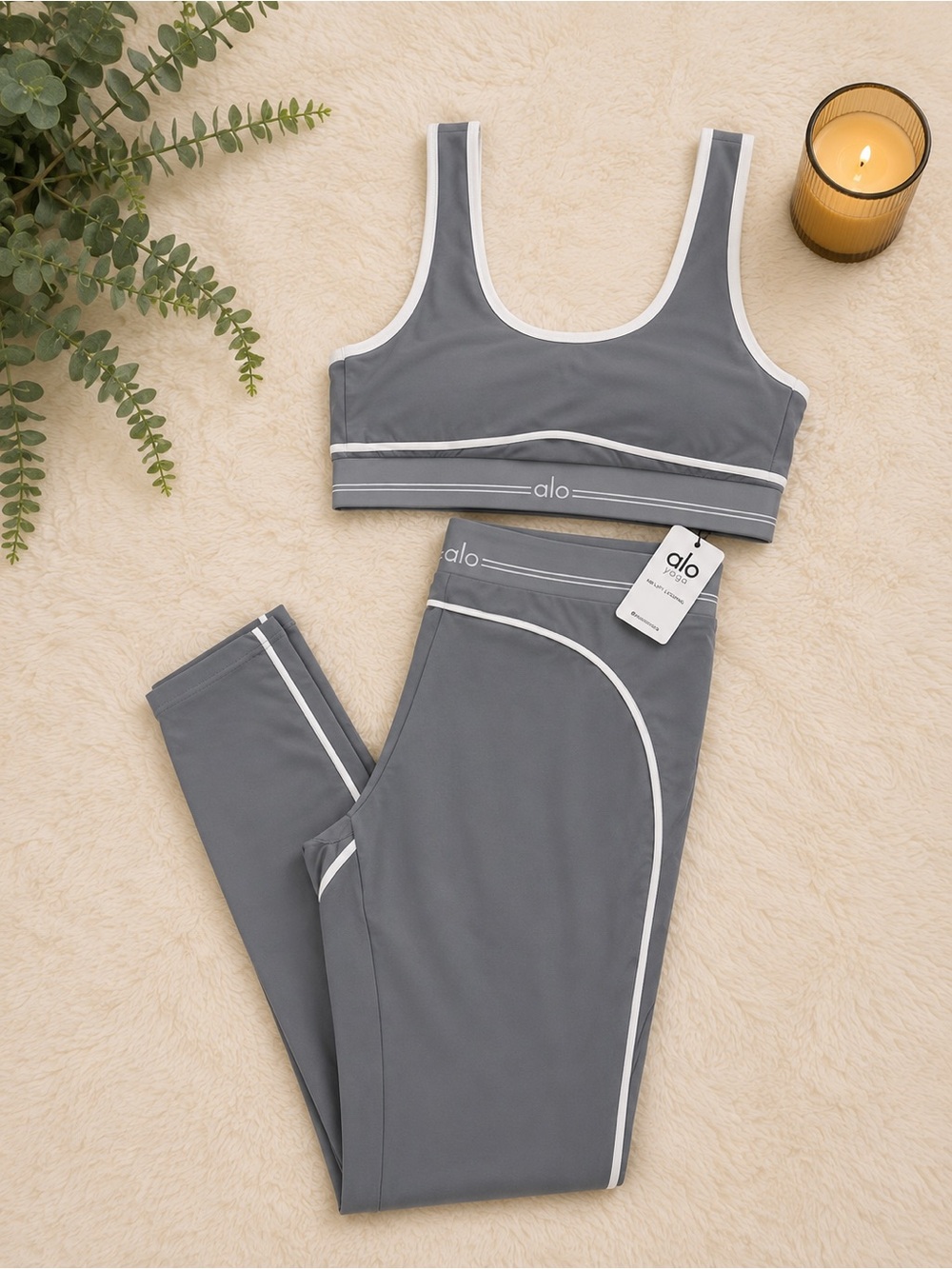 ALO Yoga Gray Scoop Sports Bra & Leggings Set with White Trim